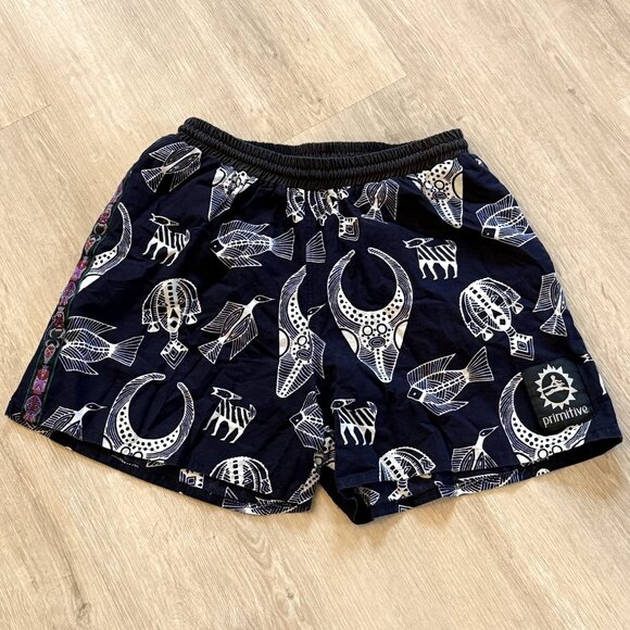 Vintage Primitive Prints Mens Medium Shorts 90s Hermosa Beach Black White Tribal